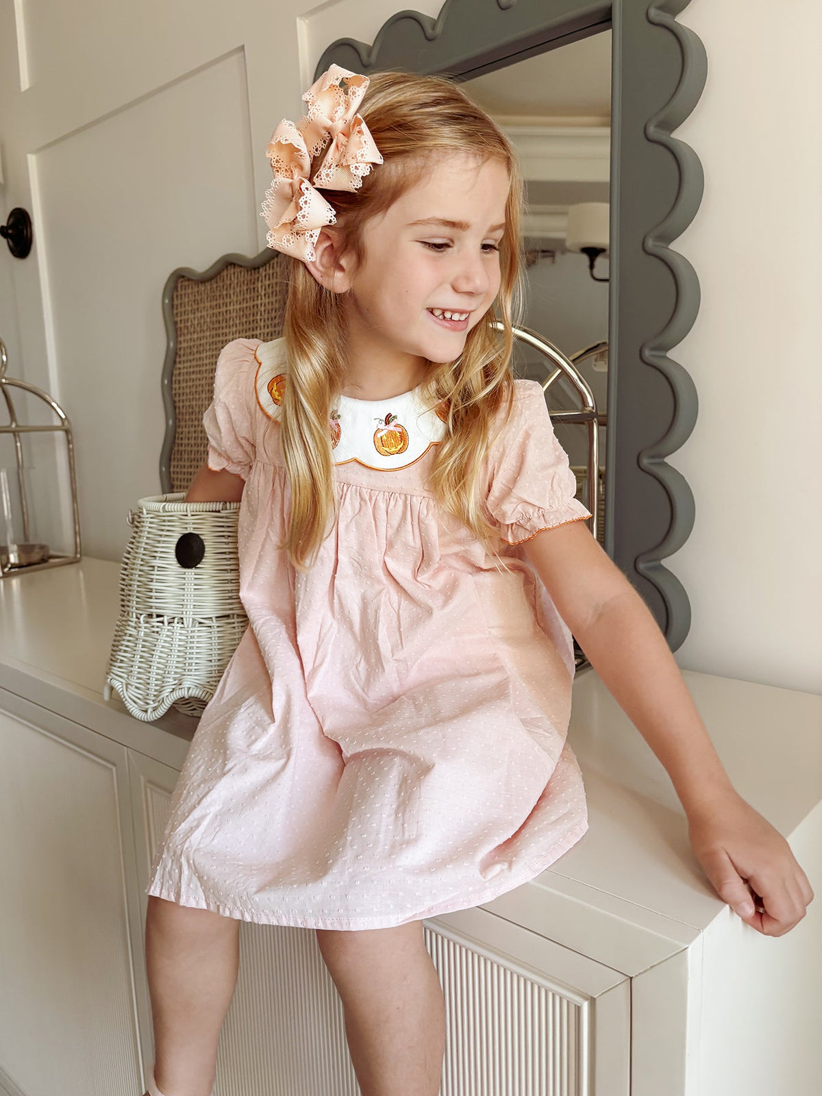 Rylee Faith Designs - Halloween Pumpkin Applique Girls Puff Sleeve Dress