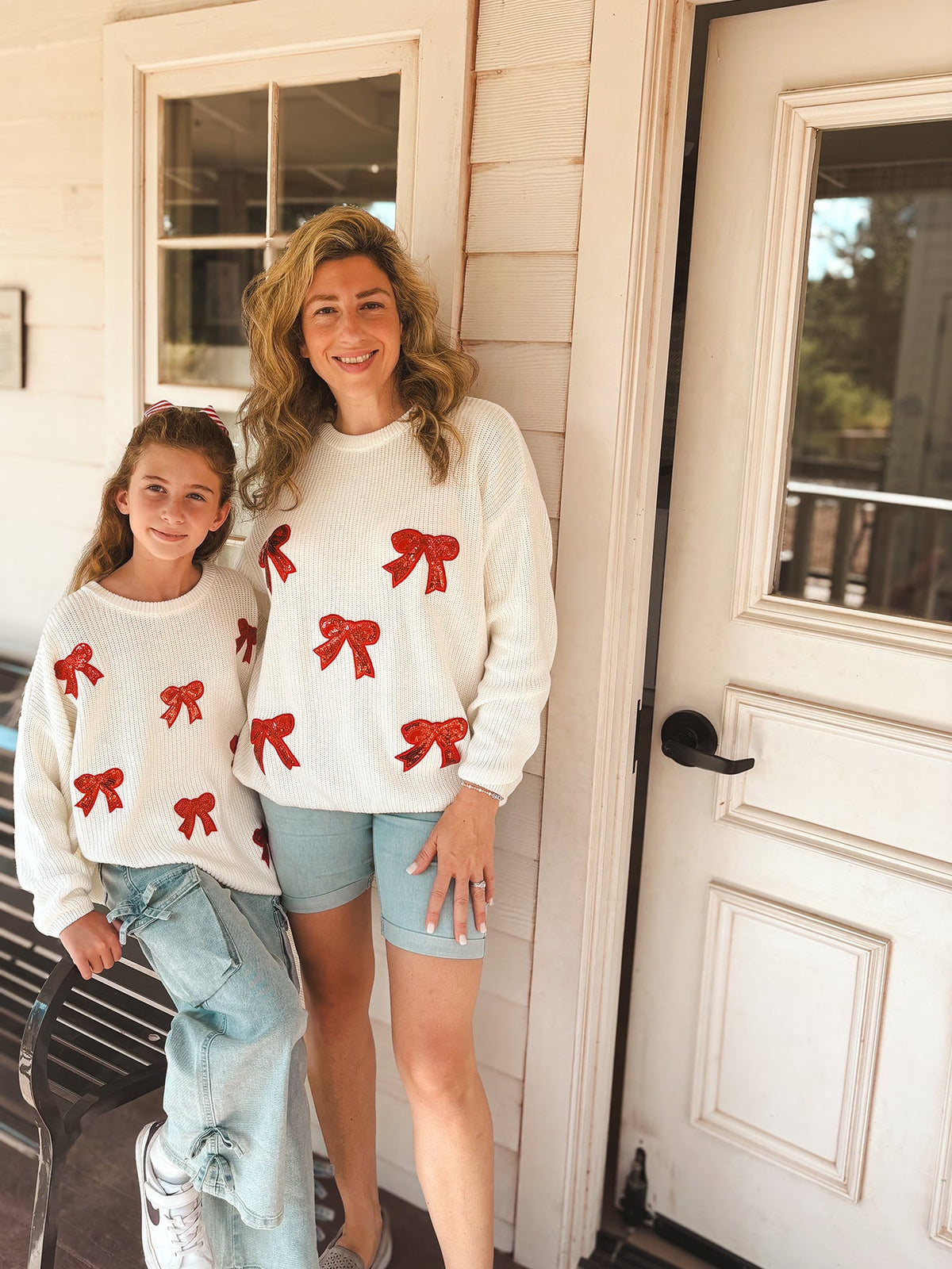Rylee Faith Designs - Mommy & Me Winter Girls Bow Sequins Pullover Sweater