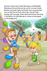 Interior page from A Puppy for Christmas showing Andy and Sandy at a playground watching a boy play fetch with his puppy