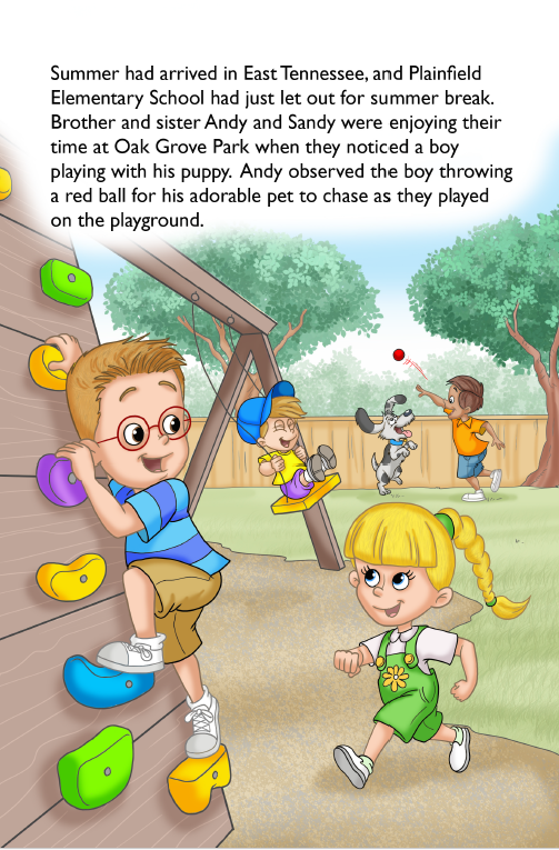 Interior page from A Puppy for Christmas showing Andy and Sandy at a playground watching a boy play fetch with his puppy