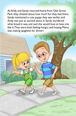 Interior page from A Puppy for Christmas showing Andy and Sandy walking home talking about the puppy they wish for