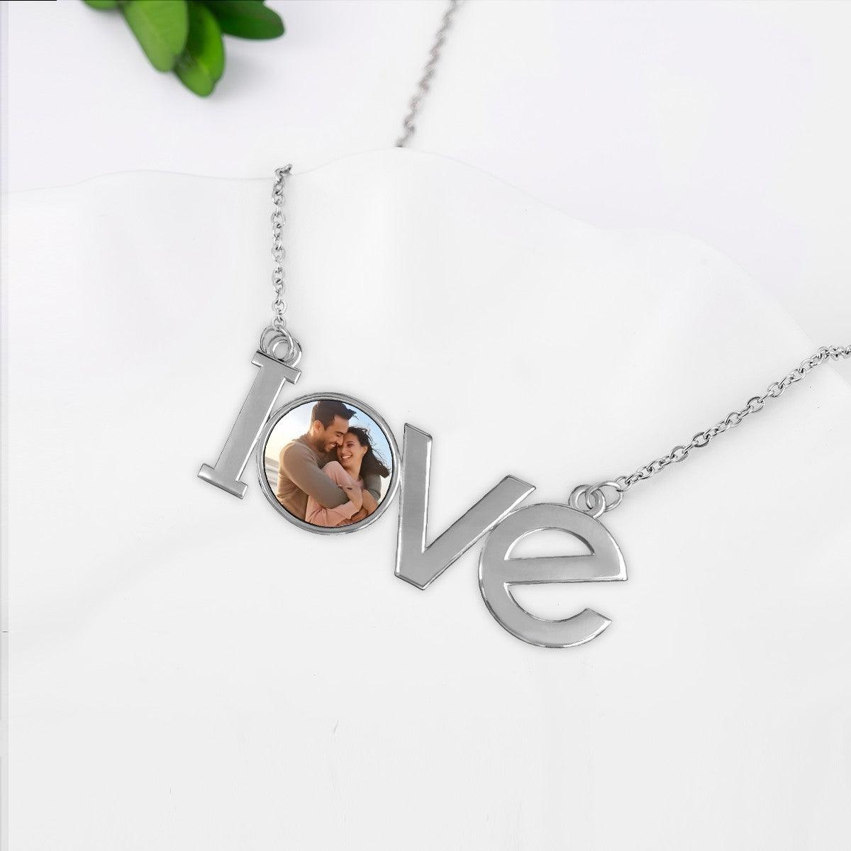Custom Photo LOVE Necklace | Personalized LOVE Pendant with Photo Charm | Silver