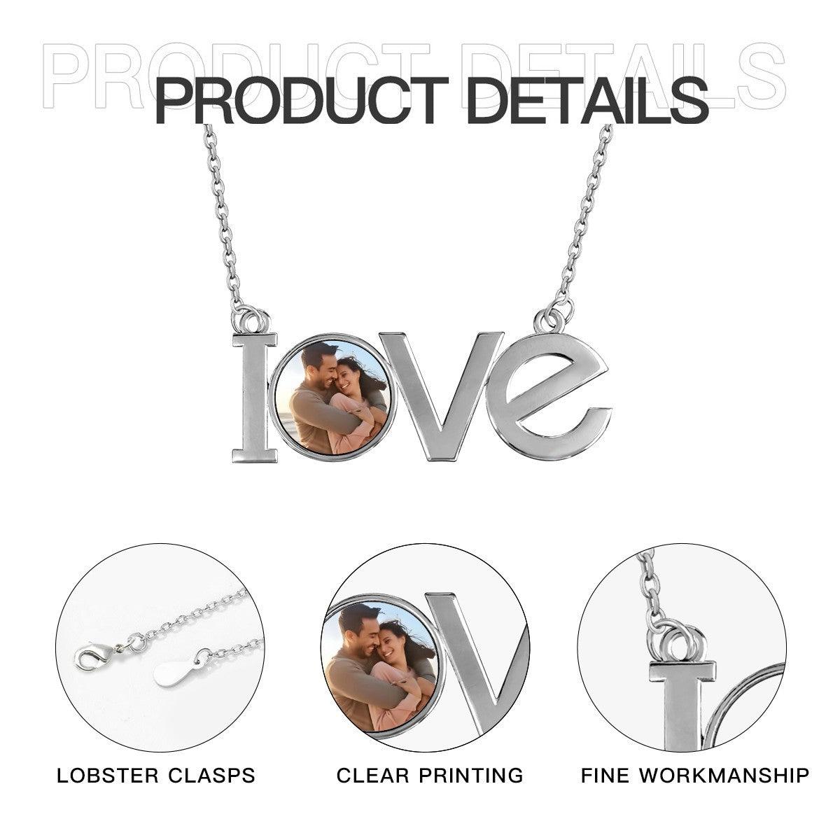 Custom Photo LOVE Necklace | Personalized LOVE Pendant with Photo Charm | Silver