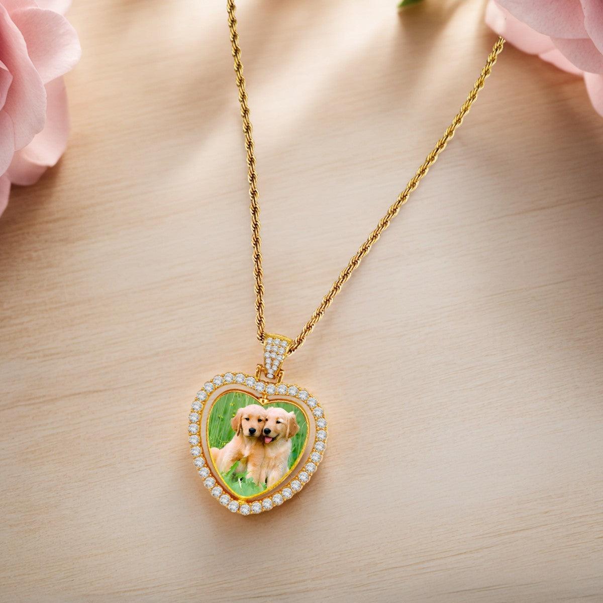 Custom Photo Heart Necklace | Double-Sided Crystal Heart Pendant | Personalized Gift in Gold & Silver