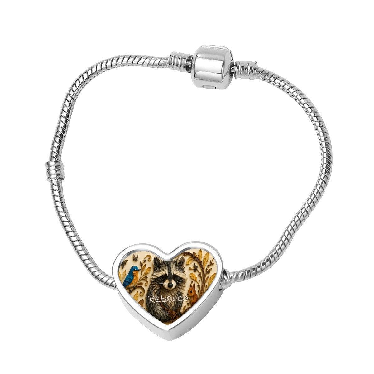 Personalized Raccoon Bracelet | Custom Name Heart Charm Snake Chain Bracelet | Silver