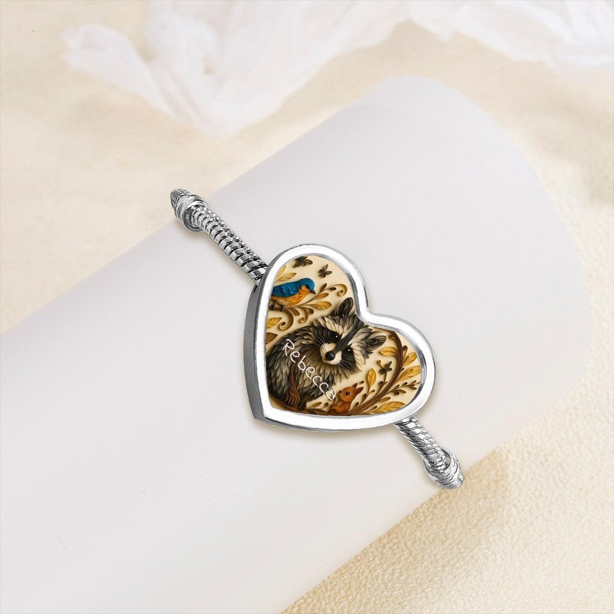 Personalized Raccoon Bracelet | Custom Name Heart Charm Snake Chain Bracelet | Silver
