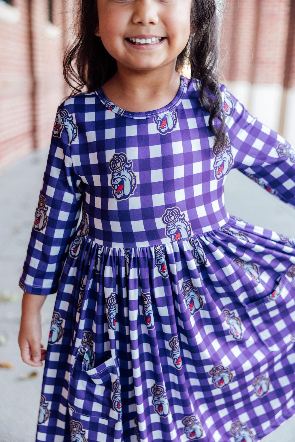 JMU Plaid Duke Dog 3/4 Sleeve Pocket Twirl Dress - Image 4