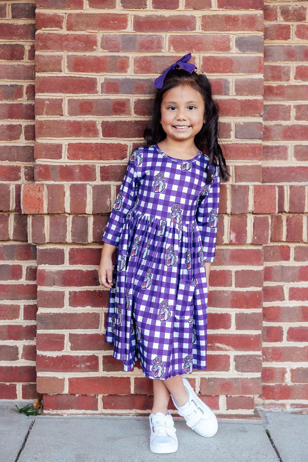 JMU Plaid Duke Dog 3/4 Sleeve Pocket Twirl Dress - Image 5