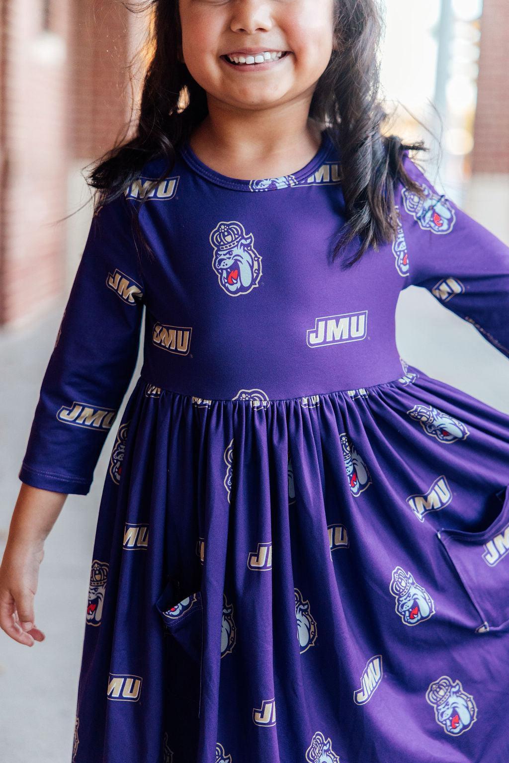 JMU Purple Duke Dog 3/4 Sleeve Pocket Twirl Dress - Image 3