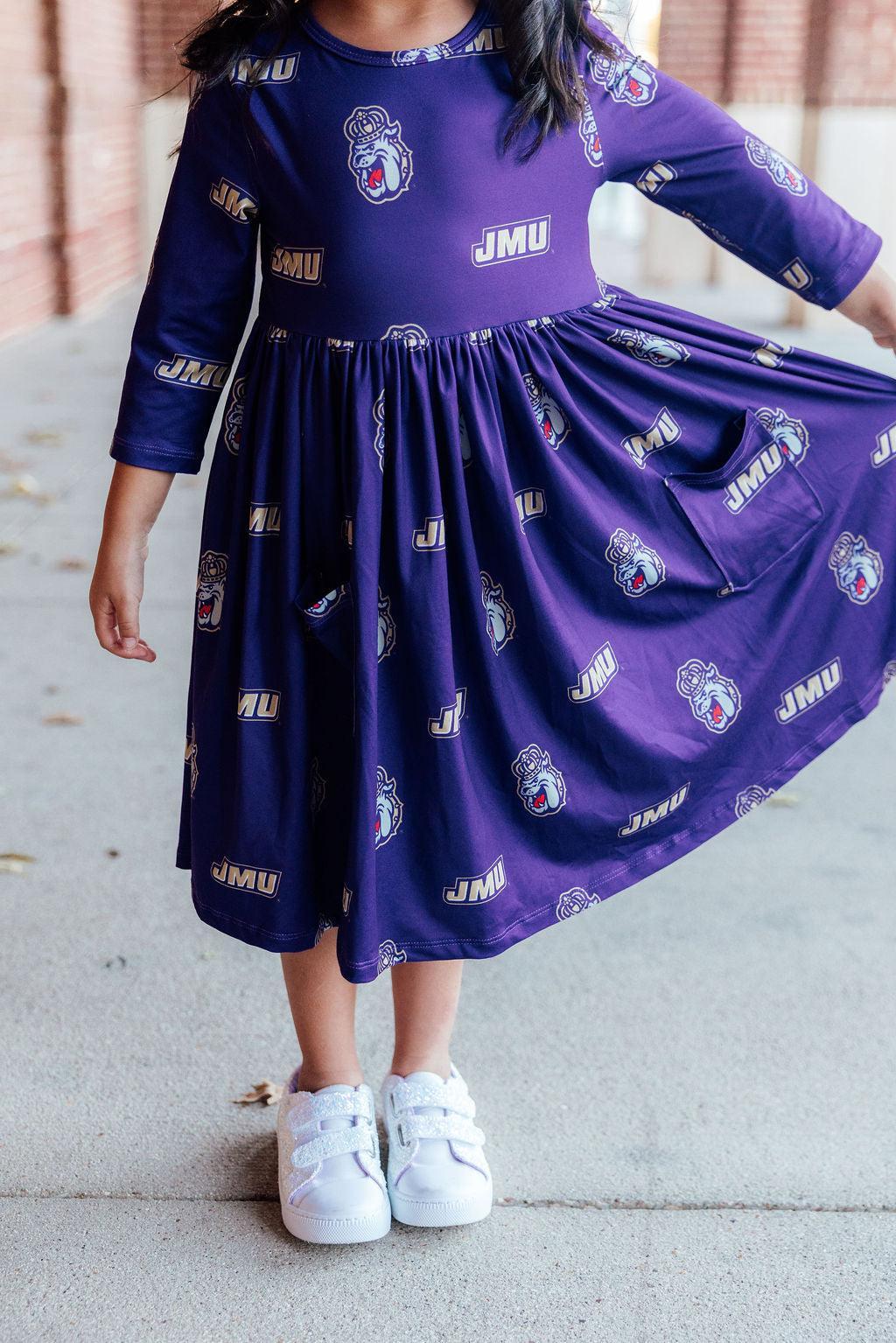 JMU Purple Duke Dog 3/4 Sleeve Pocket Twirl Dress - Image 5