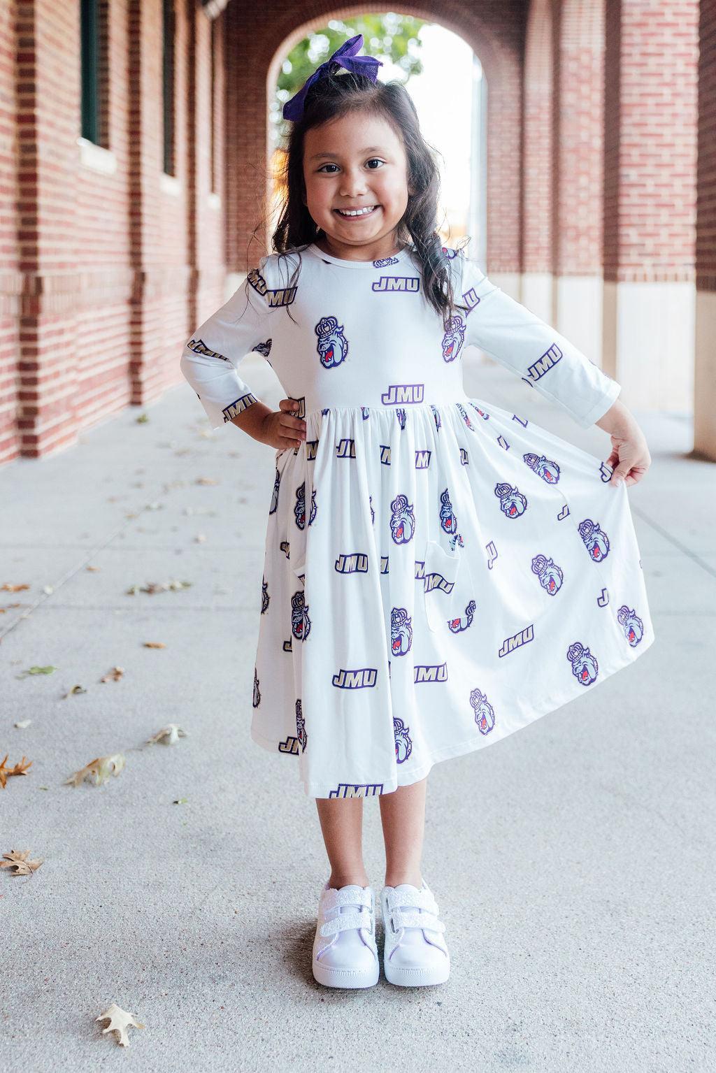 JMU White Duke Dog 3/4 Sleeve Pocket Twirl Dress - Image 3