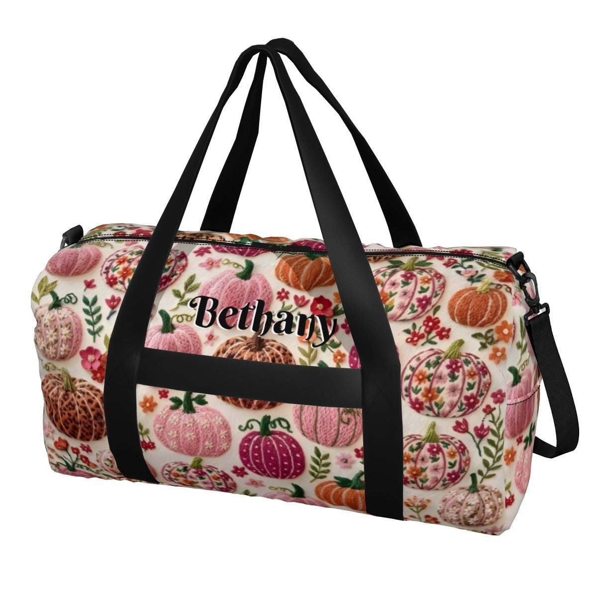 Personalized Floral Pumpkin Duffel Bag with Custom Name – Fall Travel, Gym & Weekend Bag