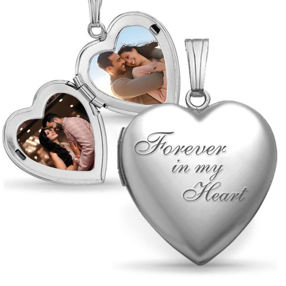 Custom Photo Heart Locket Necklace | "Forever in My Heart" Engraved | Holds 2 Photos | Silver