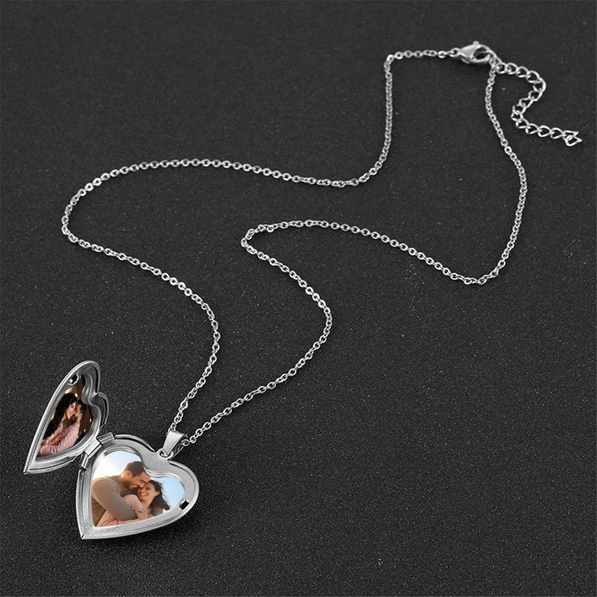 Custom Photo Heart Locket Necklace | "Forever in My Heart" Engraved | Holds 2 Photos | Silver