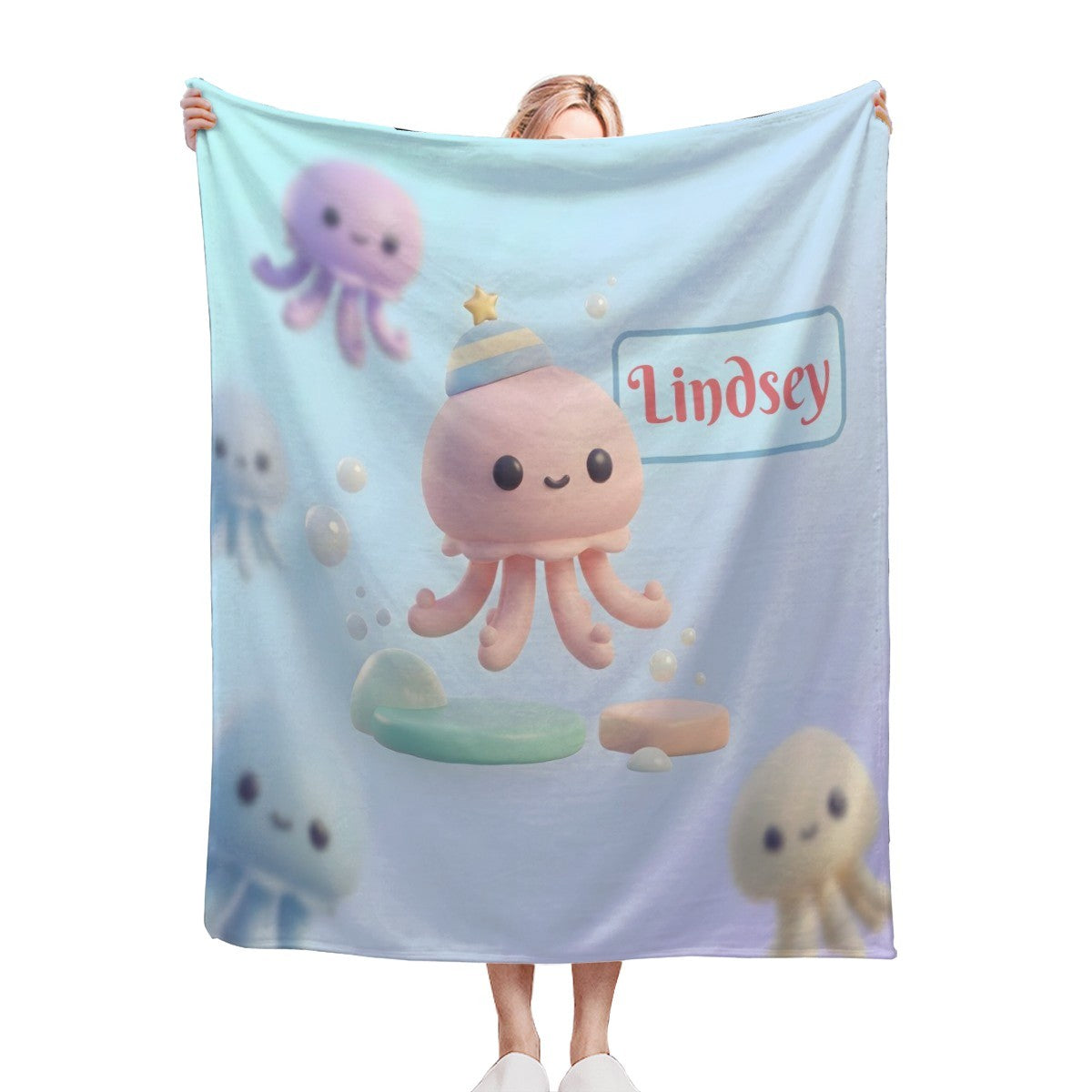 Personalized Kawaii Pink Octopus Blanket | Custom Name | Cute Octopus Throw