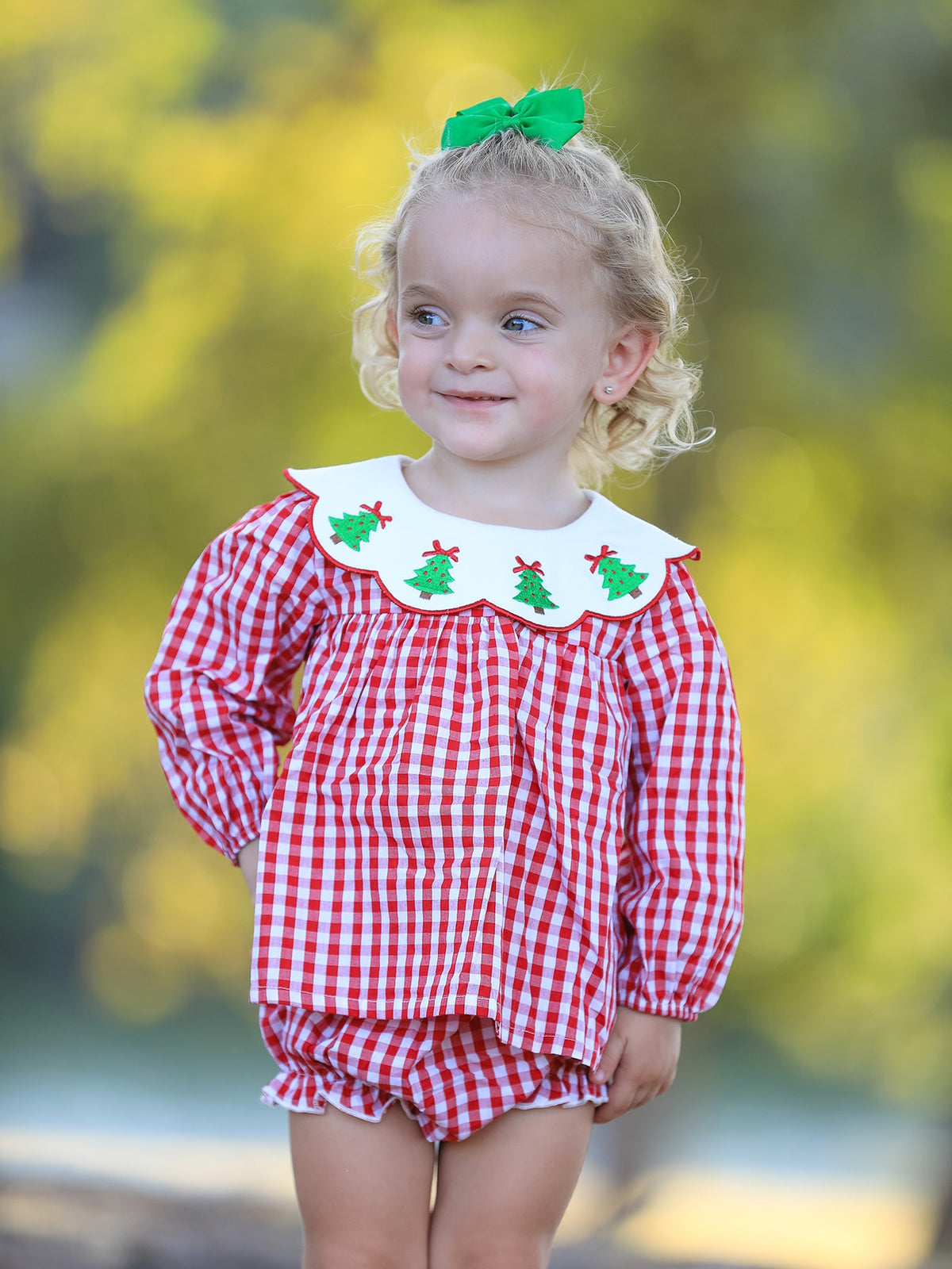 Rylee Faith Designs - Christmas Tree Embroidery Red Gingham Long Sleeve Baby Girl Bloomers Set - alternate view 2
