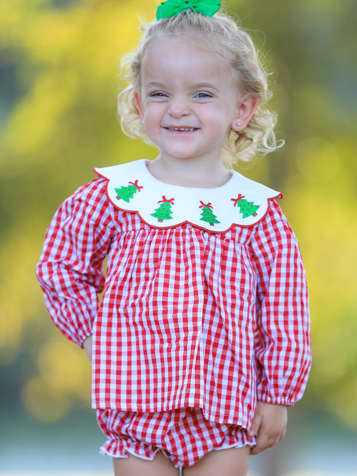 Rylee Faith Designs - Christmas Tree Embroidery Red Gingham Long Sleeve Baby Girl Bloomers Set