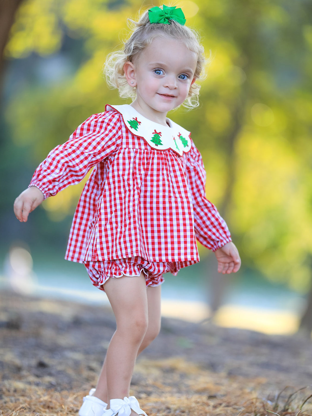 Rylee Faith Designs - Christmas Tree Embroidery Red Gingham Long Sleeve Baby Girl Bloomers Set - alternate view 5