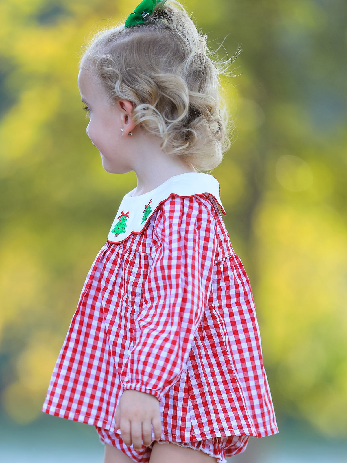 Rylee Faith Designs - Christmas Tree Embroidery Red Gingham Long Sleeve Baby Girl Bloomers Set - alternate view 4