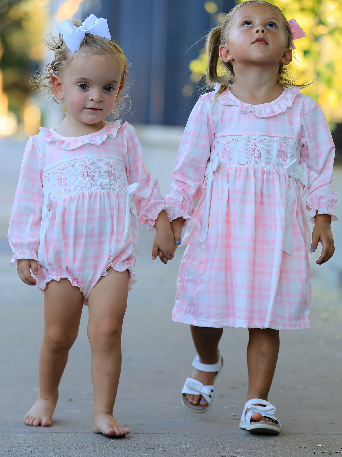 Rylee Faith Designs - Fall Pink Plaid Ruffle Ballet Shoe Embroidery Long Sleeve Dress - alternate view 8