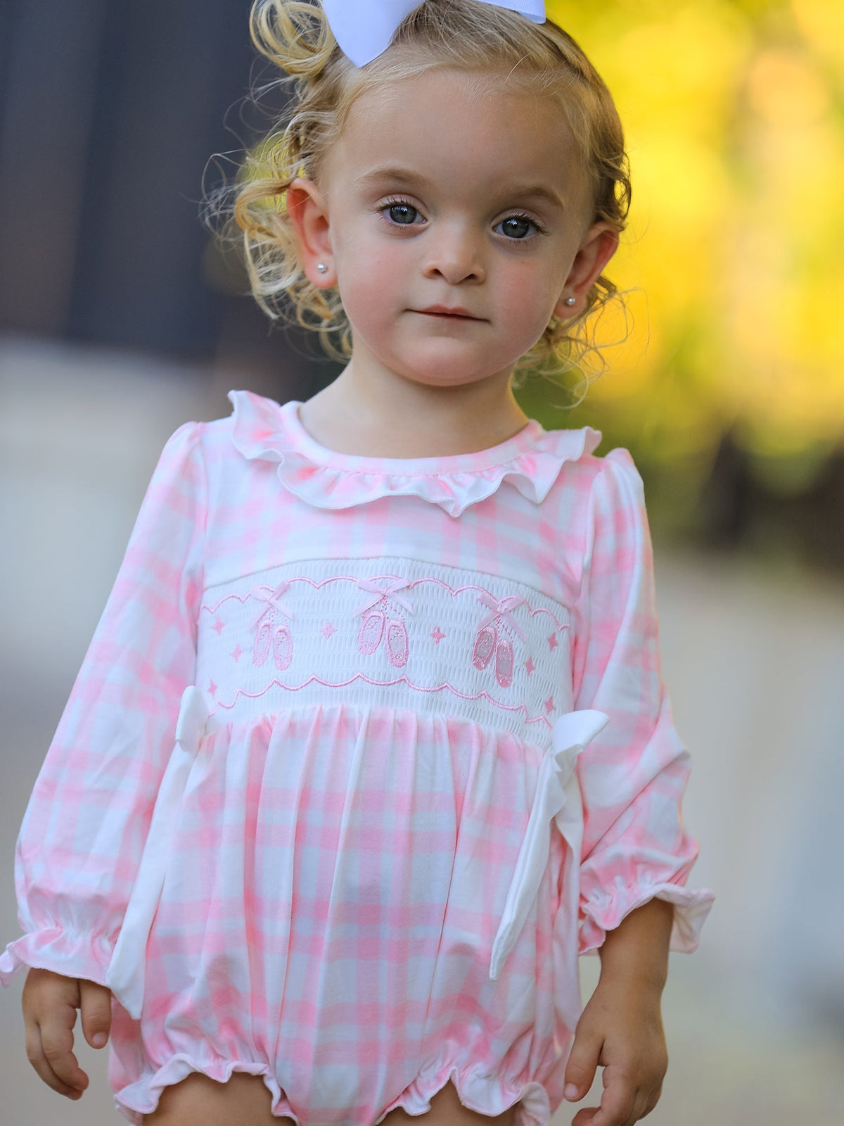 Rylee Faith Designs - Fall Pink Plaid Ruffle Ballet Shoe Embroidery Long Sleeve Romper