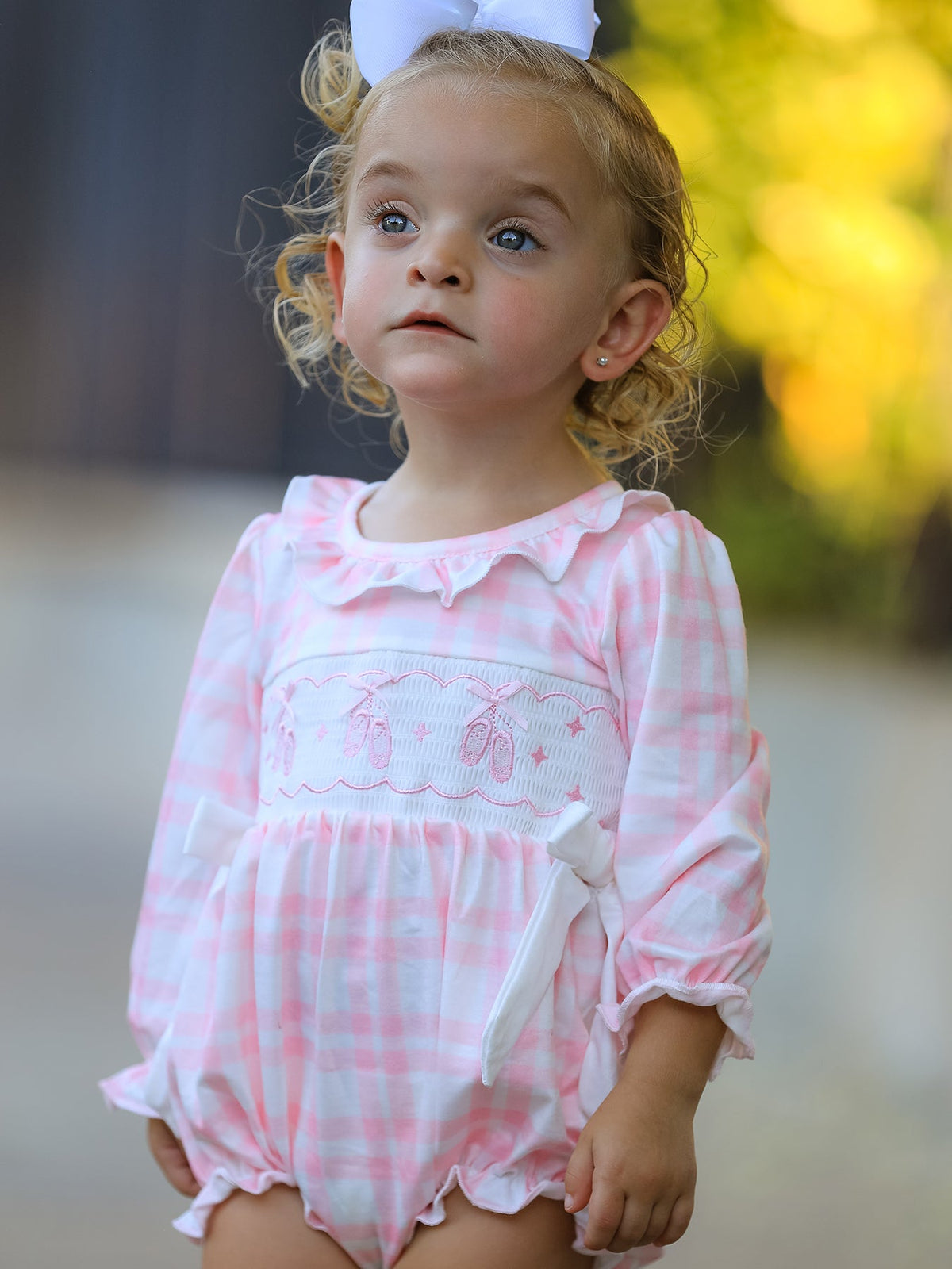 Rylee Faith Designs - Fall Pink Plaid Ruffle Ballet Shoe Embroidery Long Sleeve Romper - alternate view 2