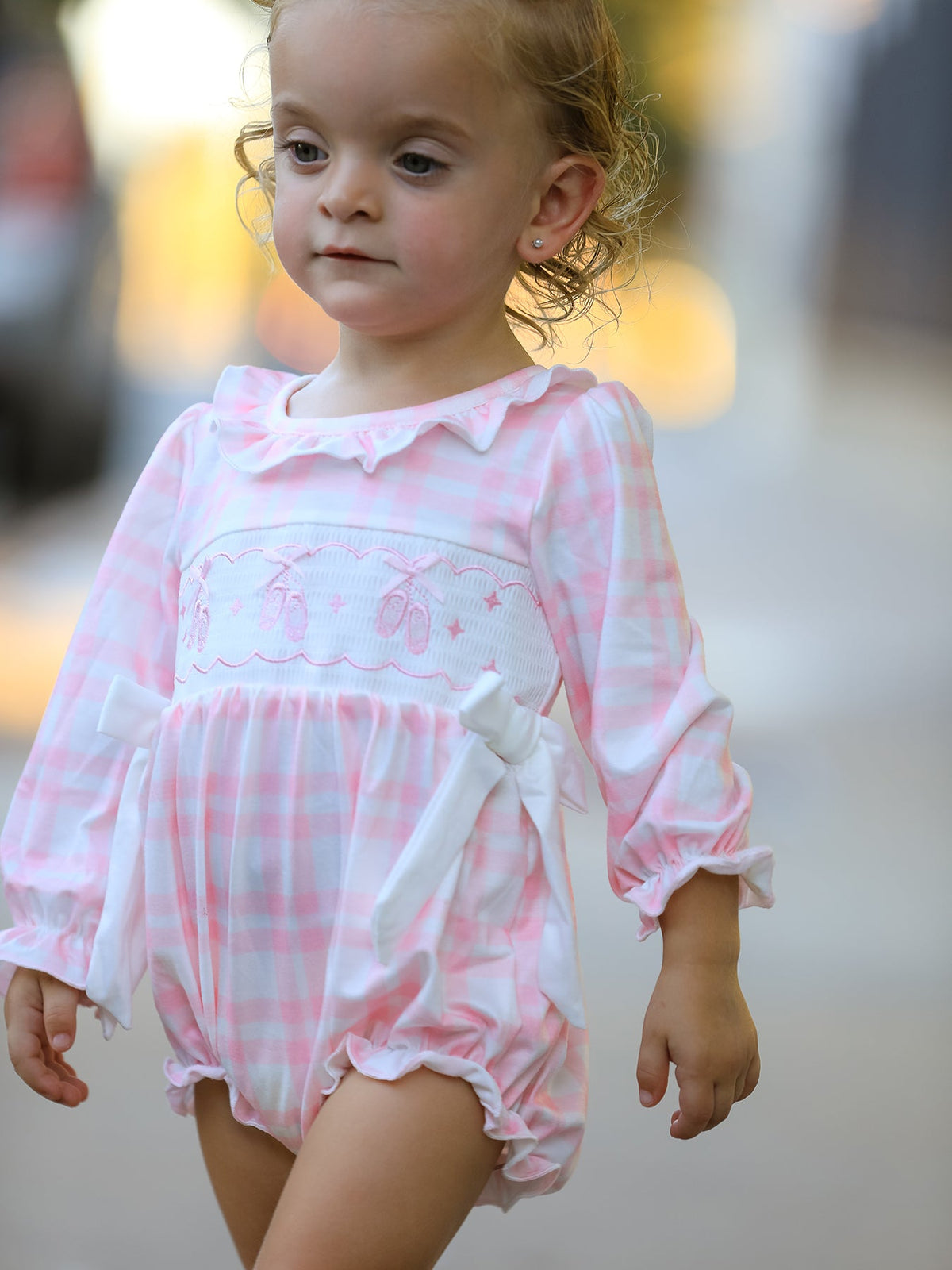 Rylee Faith Designs - Fall Pink Plaid Ruffle Ballet Shoe Embroidery Long Sleeve Romper - alternate view 3