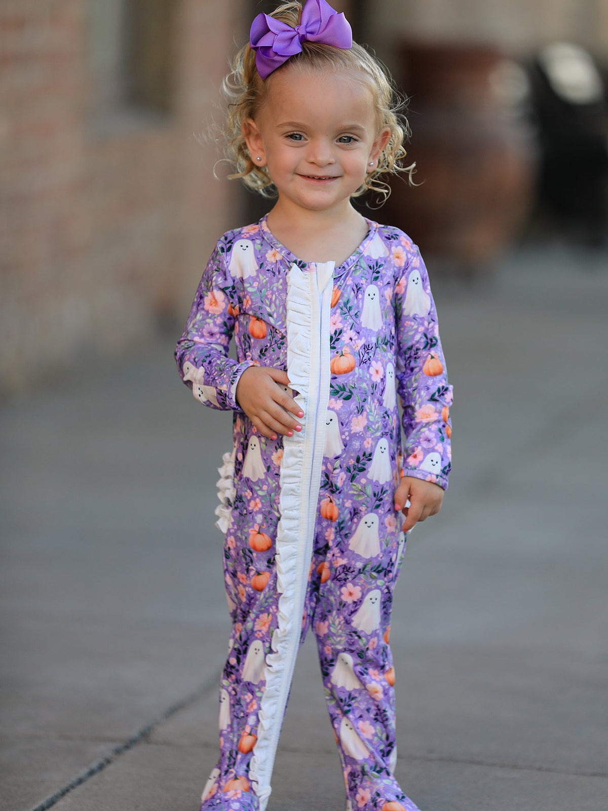 Rylee Faith Designs - Halloween Ghost Pumpkin Girls Romper Ruffle Zipper
