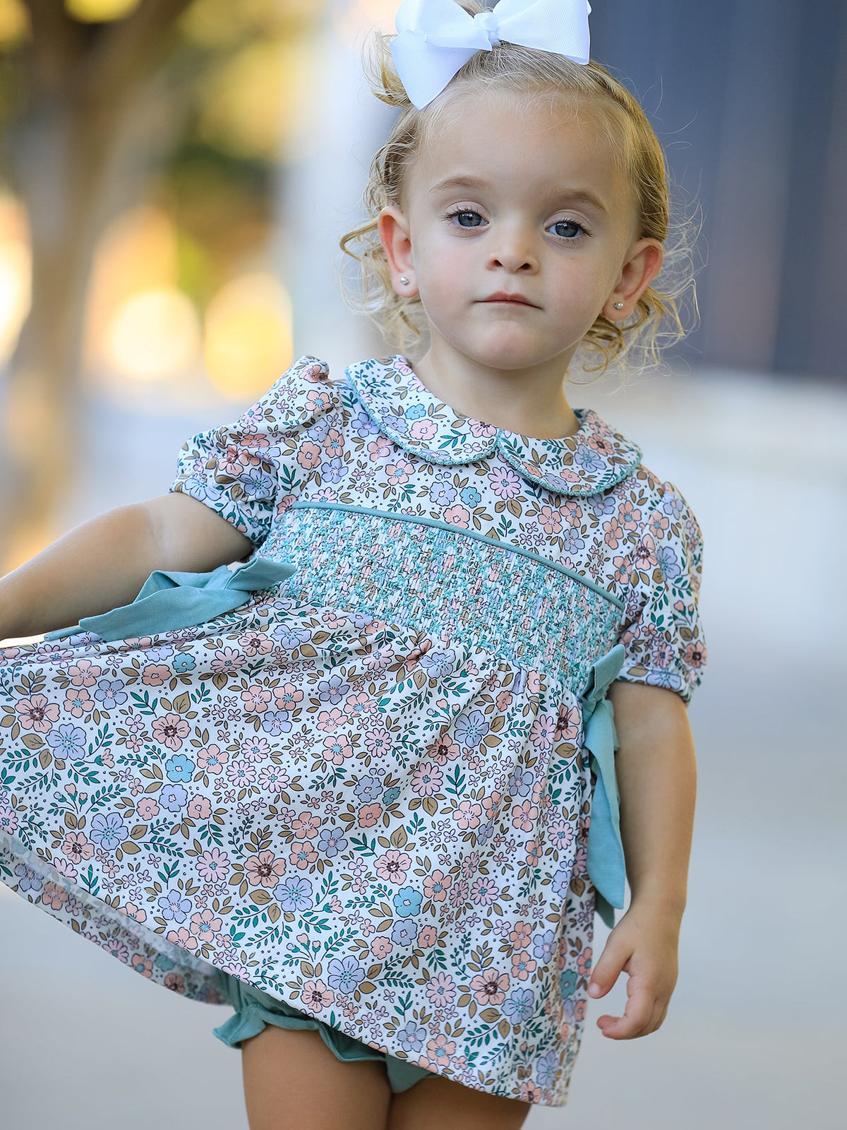 Rylee Faith Designs - Sage Green Floral Smocked Girl Bloomer Set