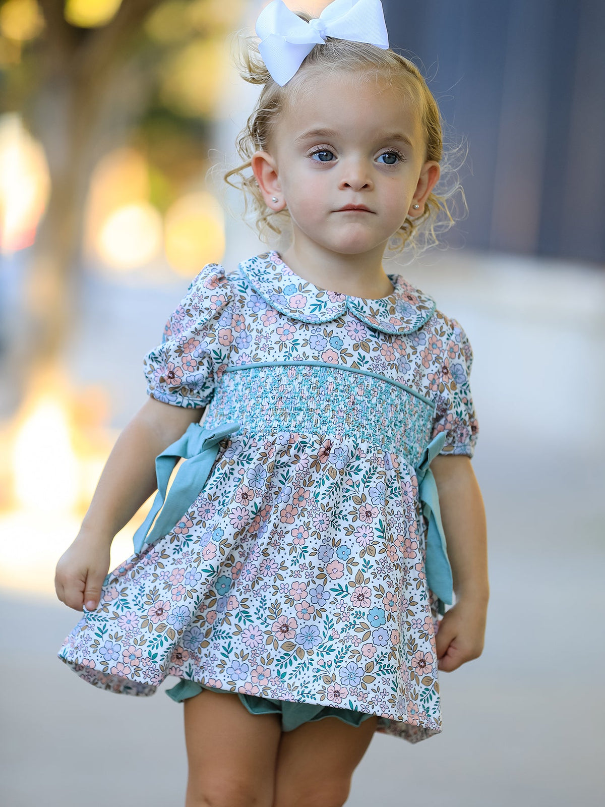 Rylee Faith Designs - Sage Green Floral Smocked Girl Bloomer Set - alternate view 2