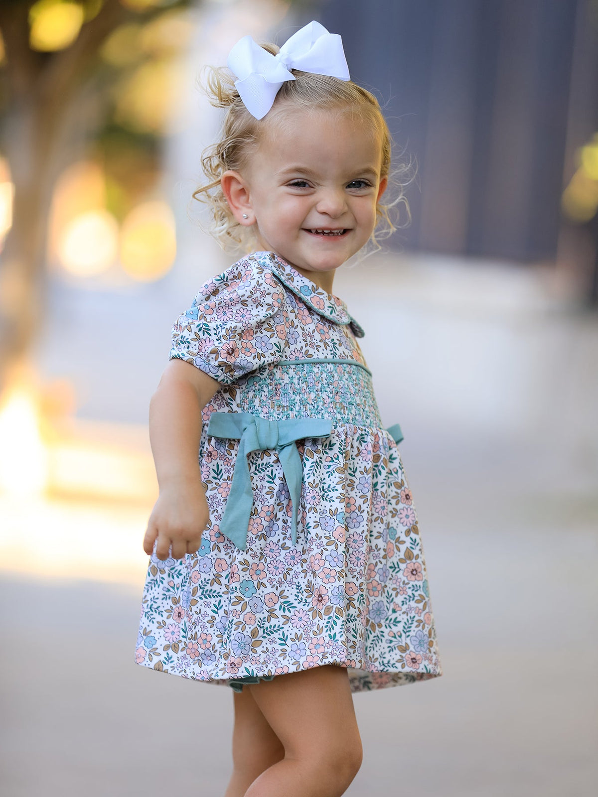 Rylee Faith Designs - Sage Green Floral Smocked Girl Bloomer Set - alternate view 4