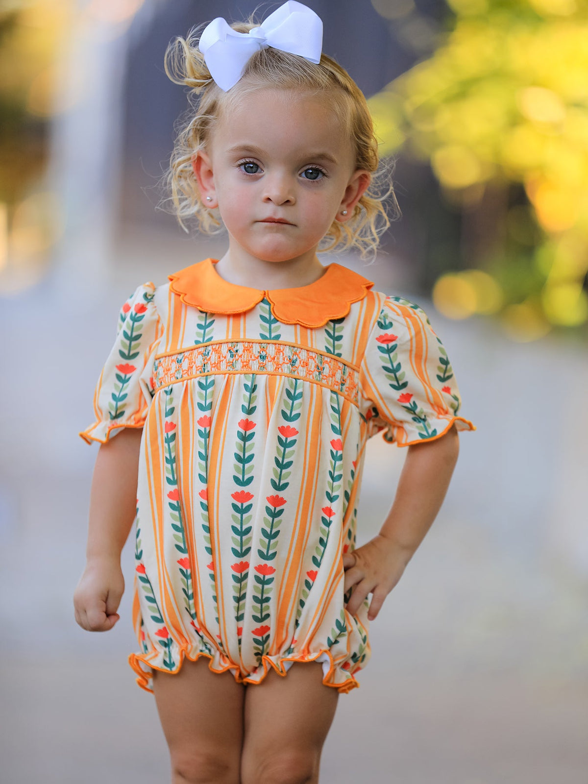 Rylee Faith Designs - Fall Floral Stripe Baby Girls Romper Petals Collar Smocked - alternate view 2