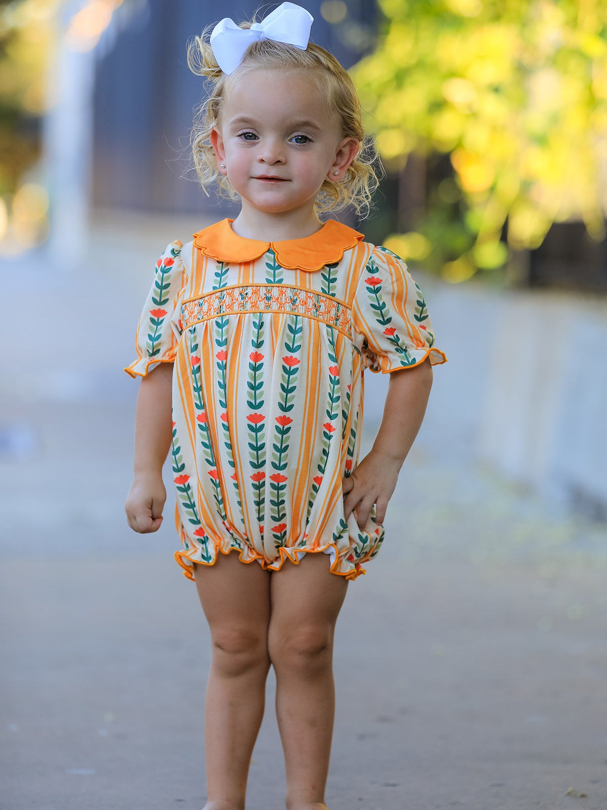 Rylee Faith Designs - Fall Floral Stripe Baby Girls Romper Petals Collar Smocked - alternate view 5