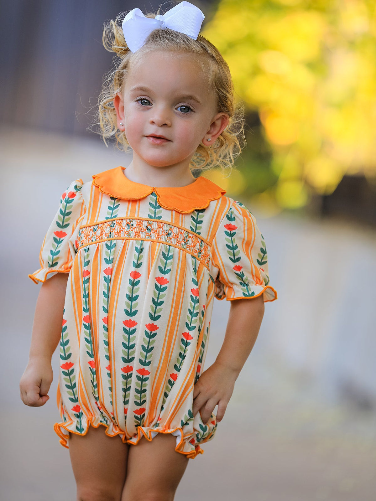 Rylee Faith Designs - Fall Floral Stripe Baby Girls Romper Petals Collar Smocked