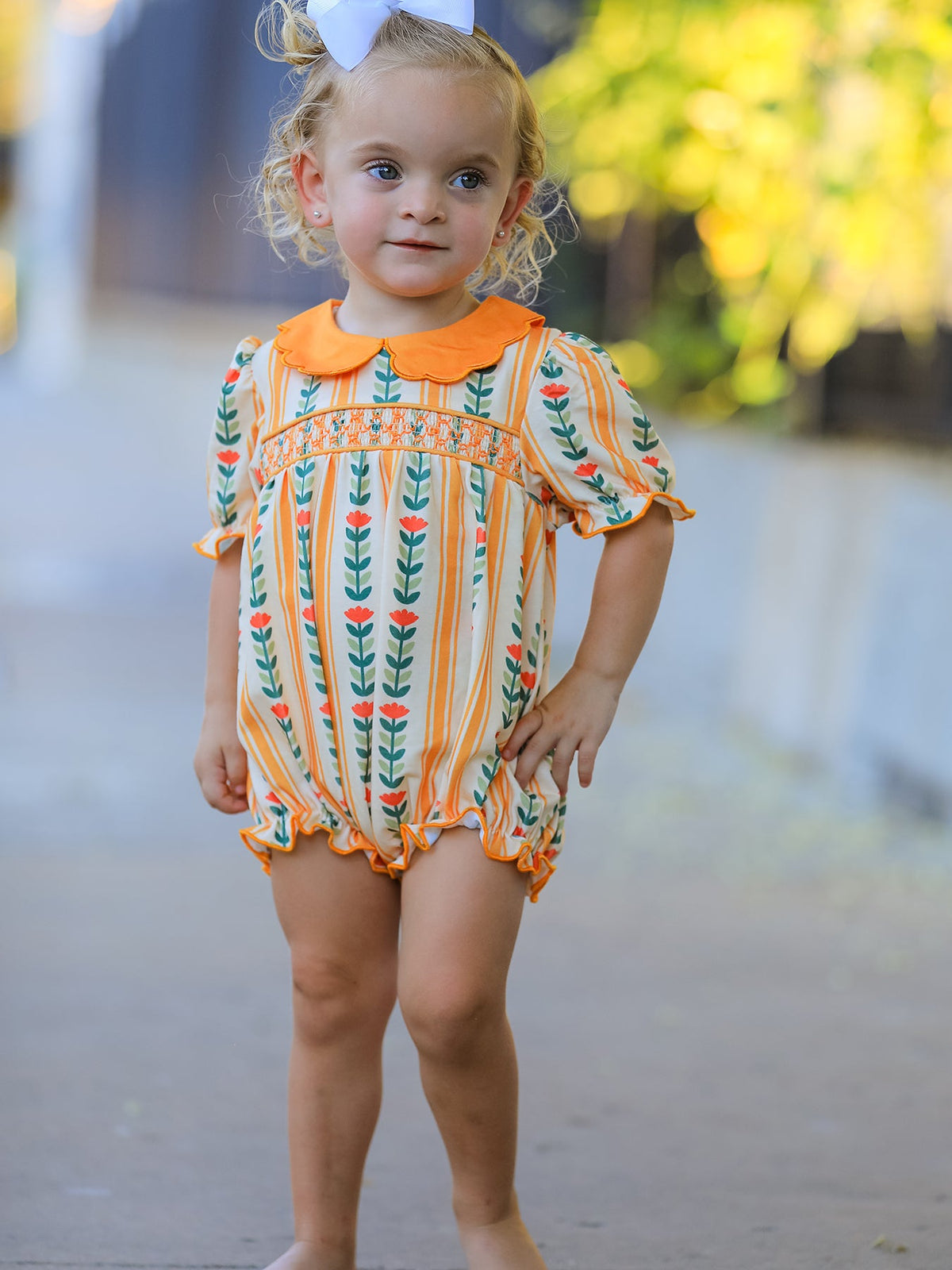 Rylee Faith Designs - Fall Floral Stripe Baby Girls Romper Petals Collar Smocked - alternate view 3
