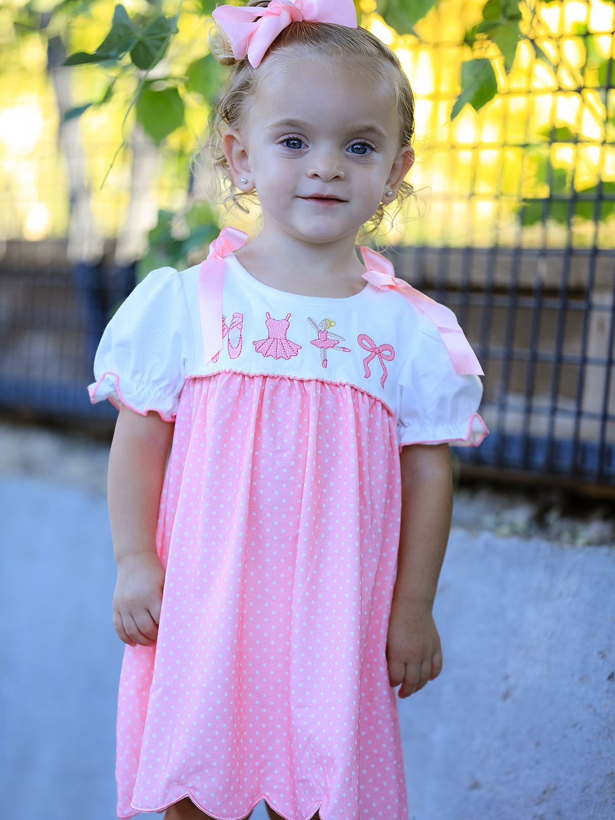 Rylee Faith Designs - Fall Pink Ballet Embroidery Bow Polka Dot Dress