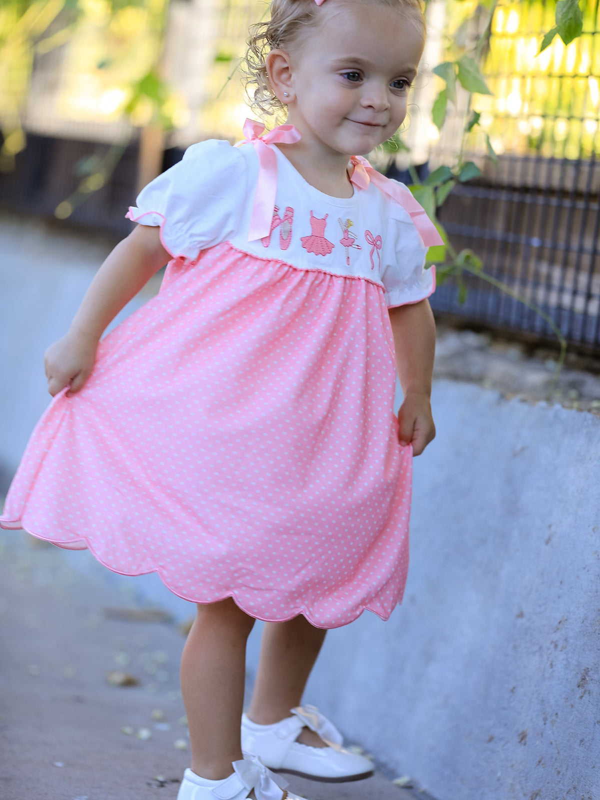 Rylee Faith Designs - Fall Pink Ballet Embroidery Bow Polka Dot Dress - alternate view 2