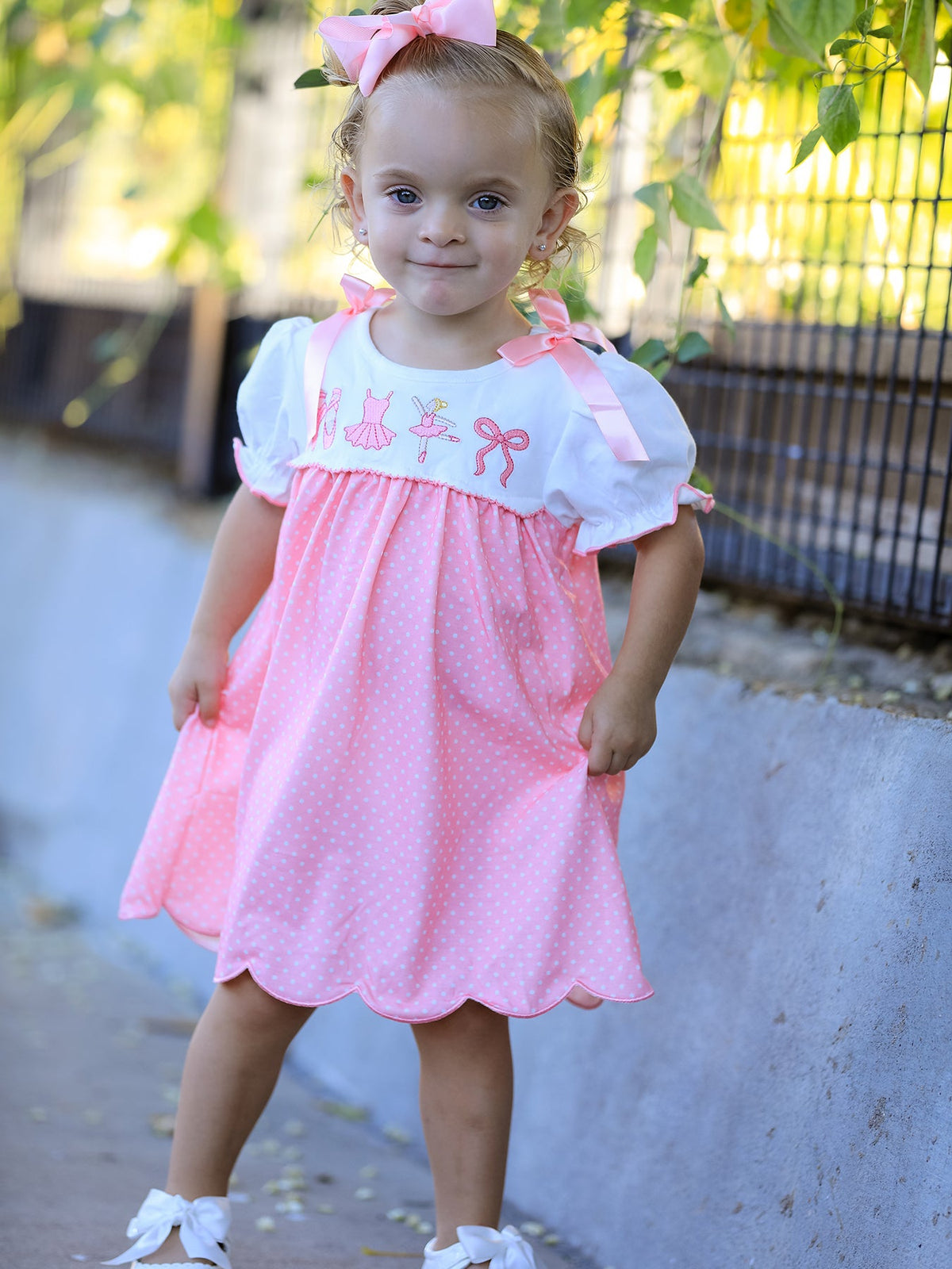 Rylee Faith Designs - Fall Pink Ballet Embroidery Bow Polka Dot Dress - alternate view 3