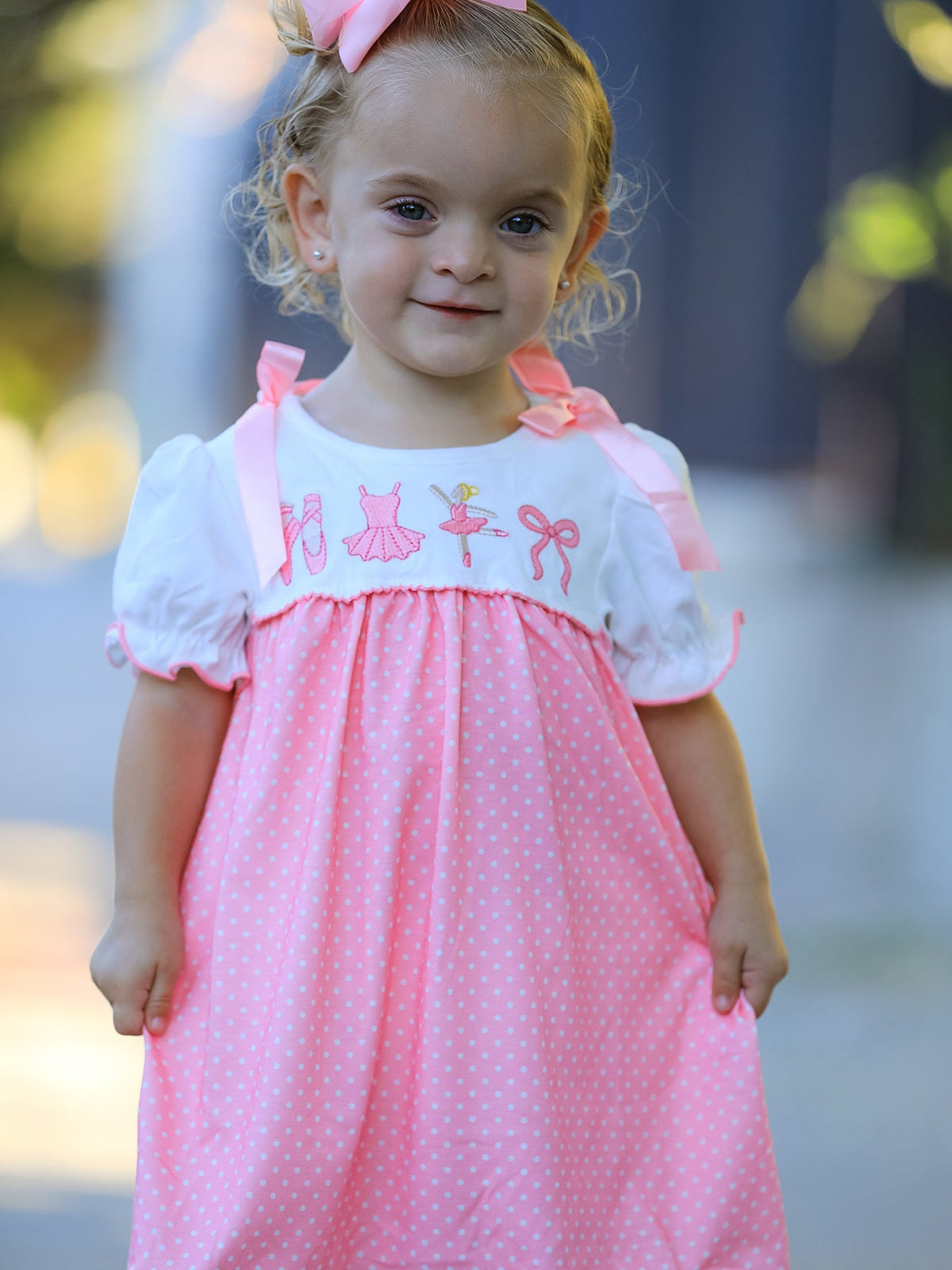 Rylee Faith Designs - Fall Pink Ballet Embroidery Bow Polka Dot Dress - alternate view 4