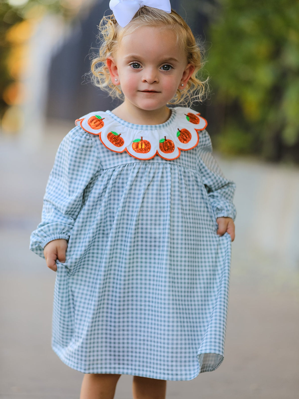 Rylee Faith Designs - Halloween Thanksgiving Pumpkin Embroidery Girls Dress Peter Pan Collar