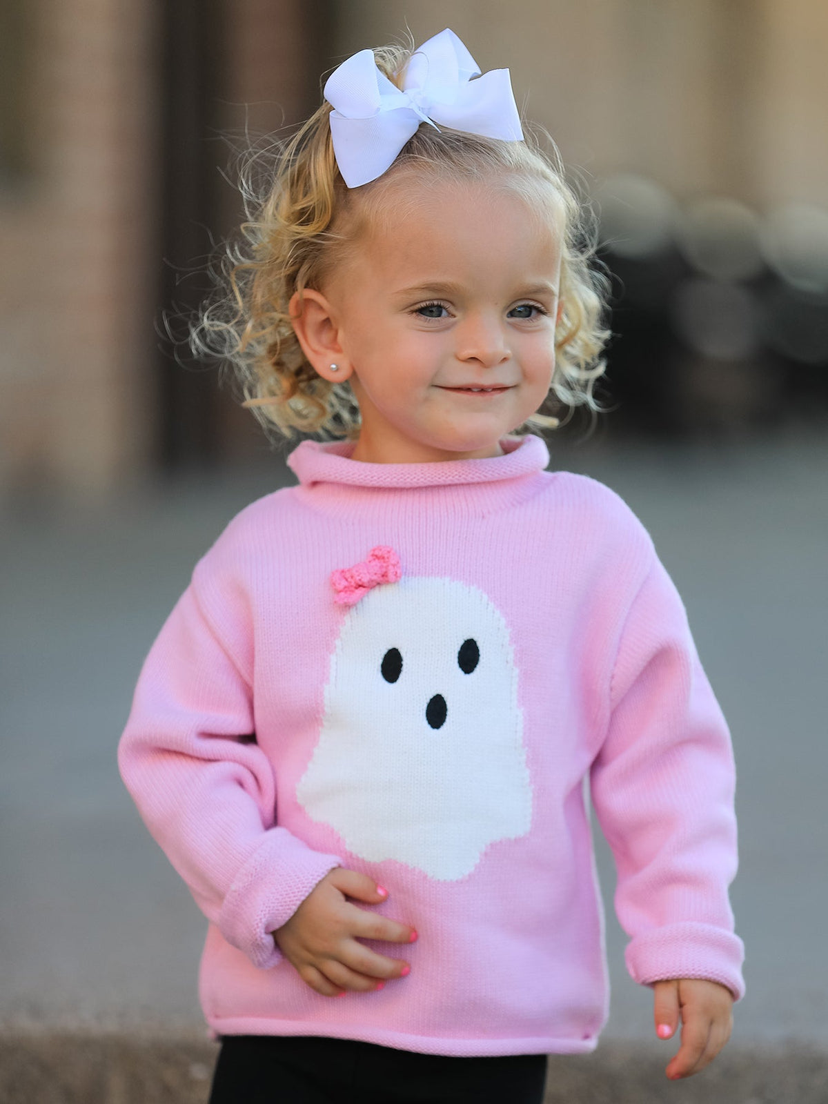 Rylee Faith Designs - Girls Ghost Bow Knit Sweater Halloween Cute Embroidered Pullover