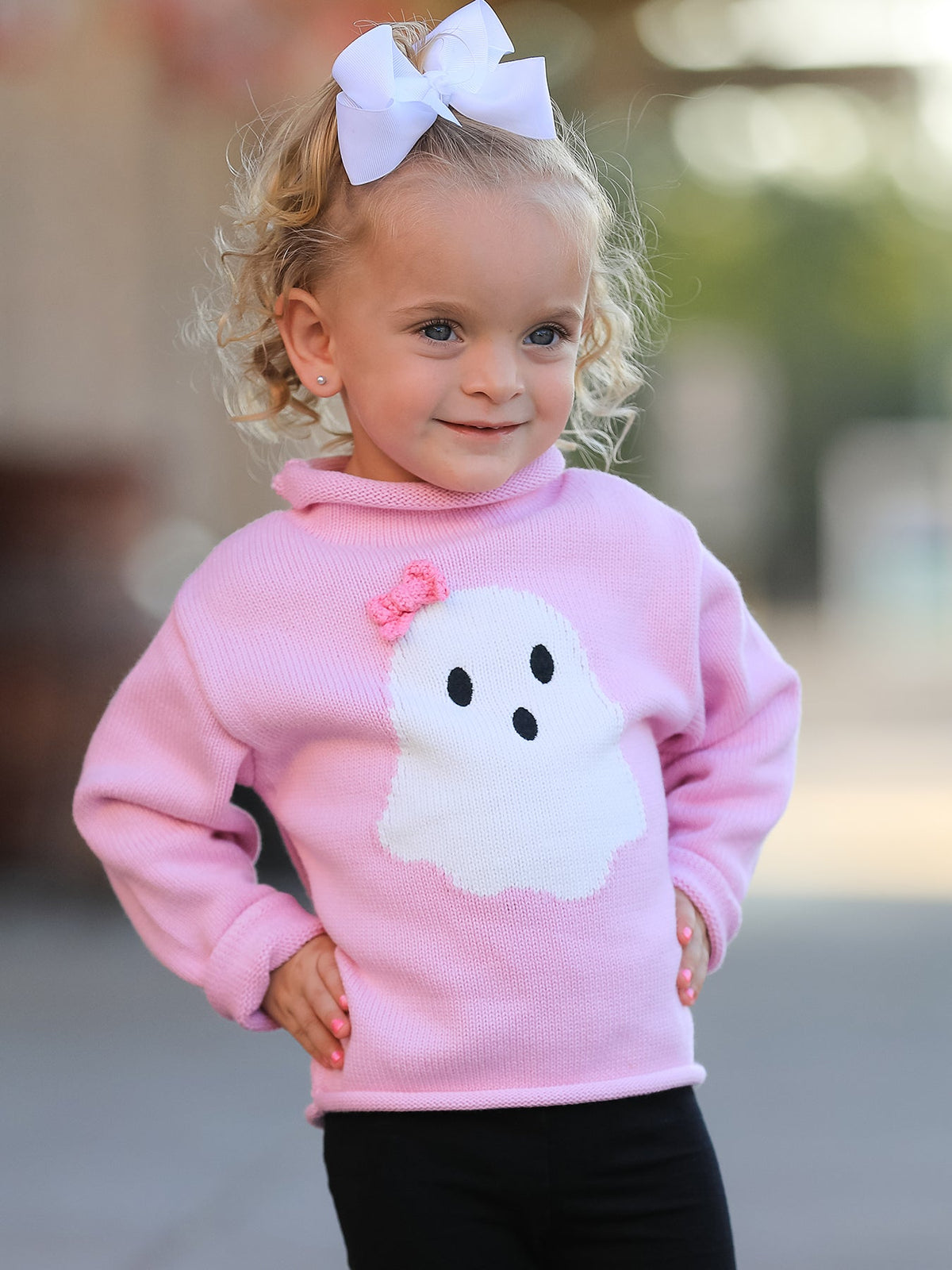 Rylee Faith Designs - Girls Ghost Bow Knit Sweater Halloween Cute Embroidered Pullover - alternate view 2