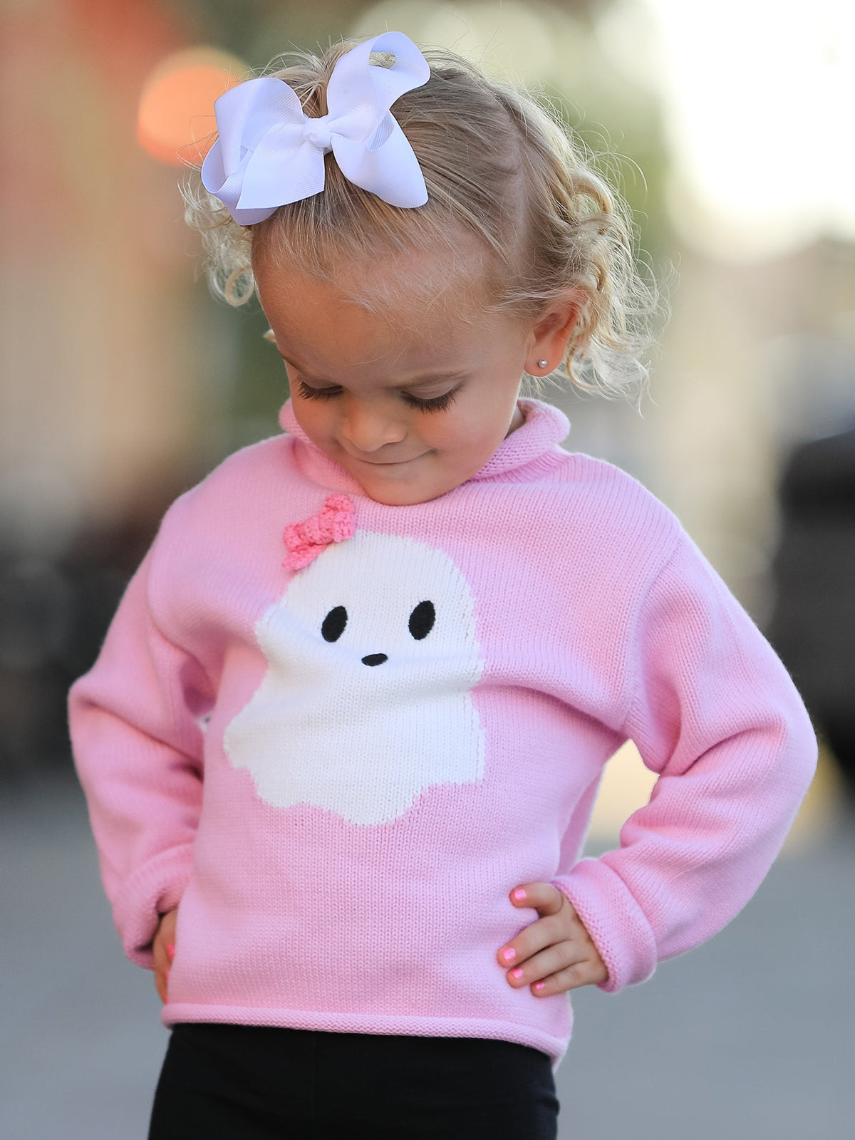 Rylee Faith Designs - Girls Ghost Bow Knit Sweater Halloween Cute Embroidered Pullover - alternate view 3