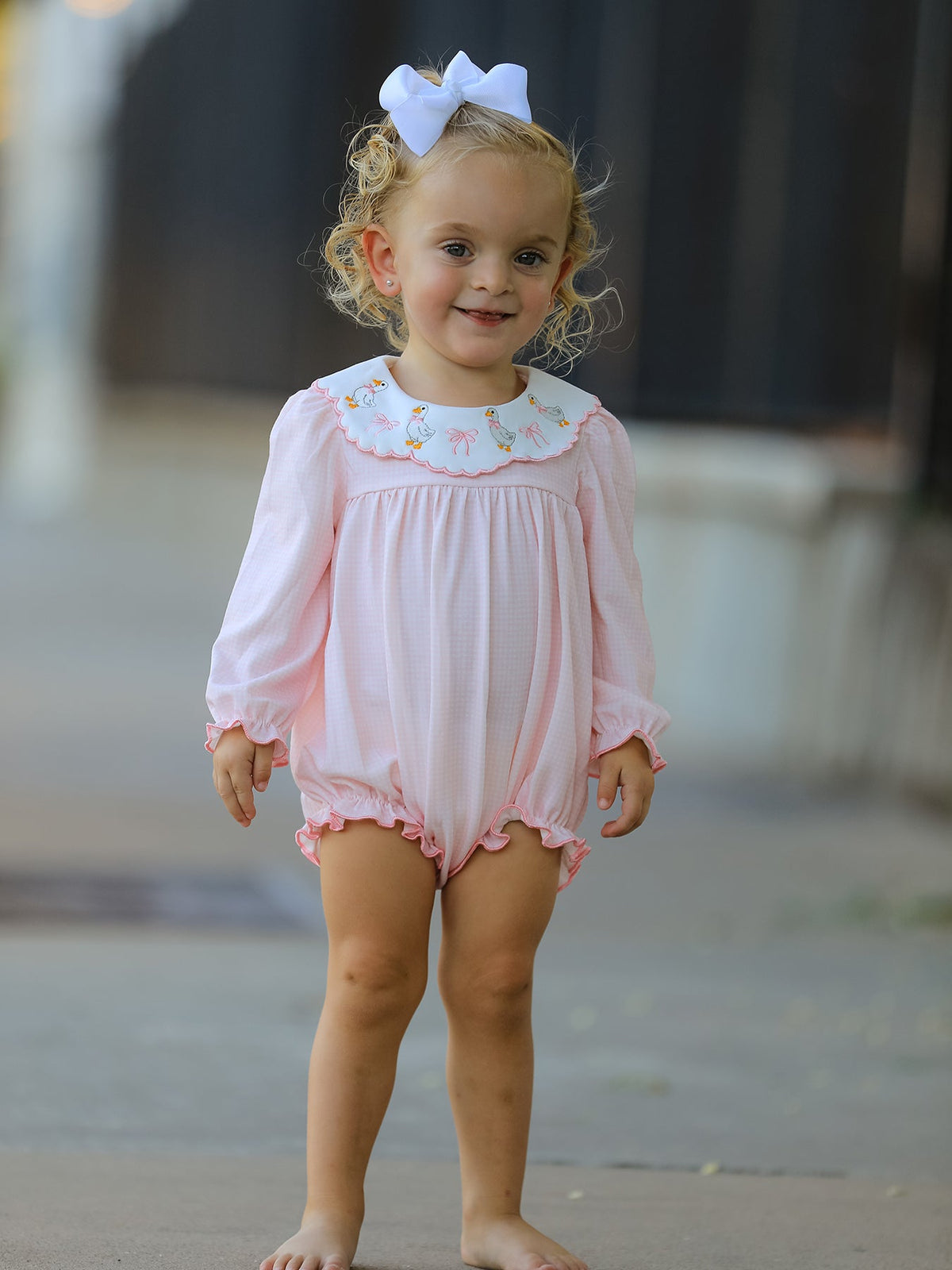 Rylee Faith Designs - Pink Goose Embroidered Baby Girl Romper Ruffle Collar - alternate view 2