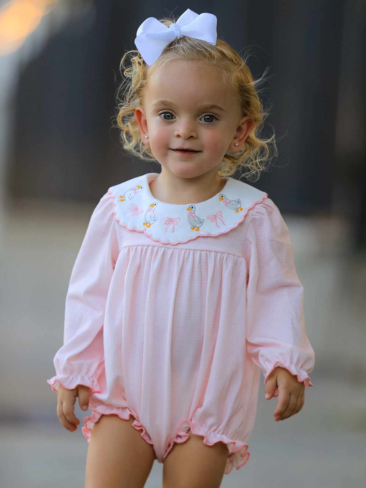Rylee Faith Designs - Pink Goose Embroidered Baby Girl Romper Ruffle Collar