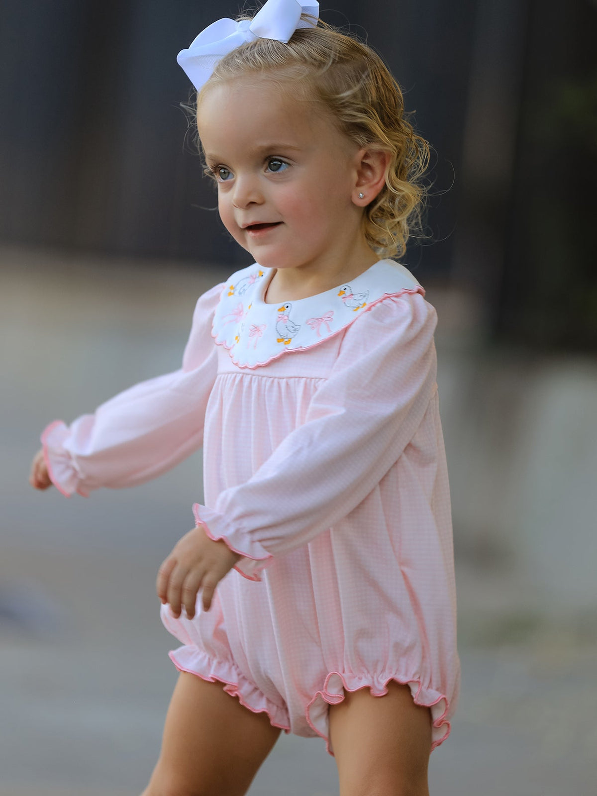 Rylee Faith Designs - Pink Goose Embroidered Baby Girl Romper Ruffle Collar - alternate view 3