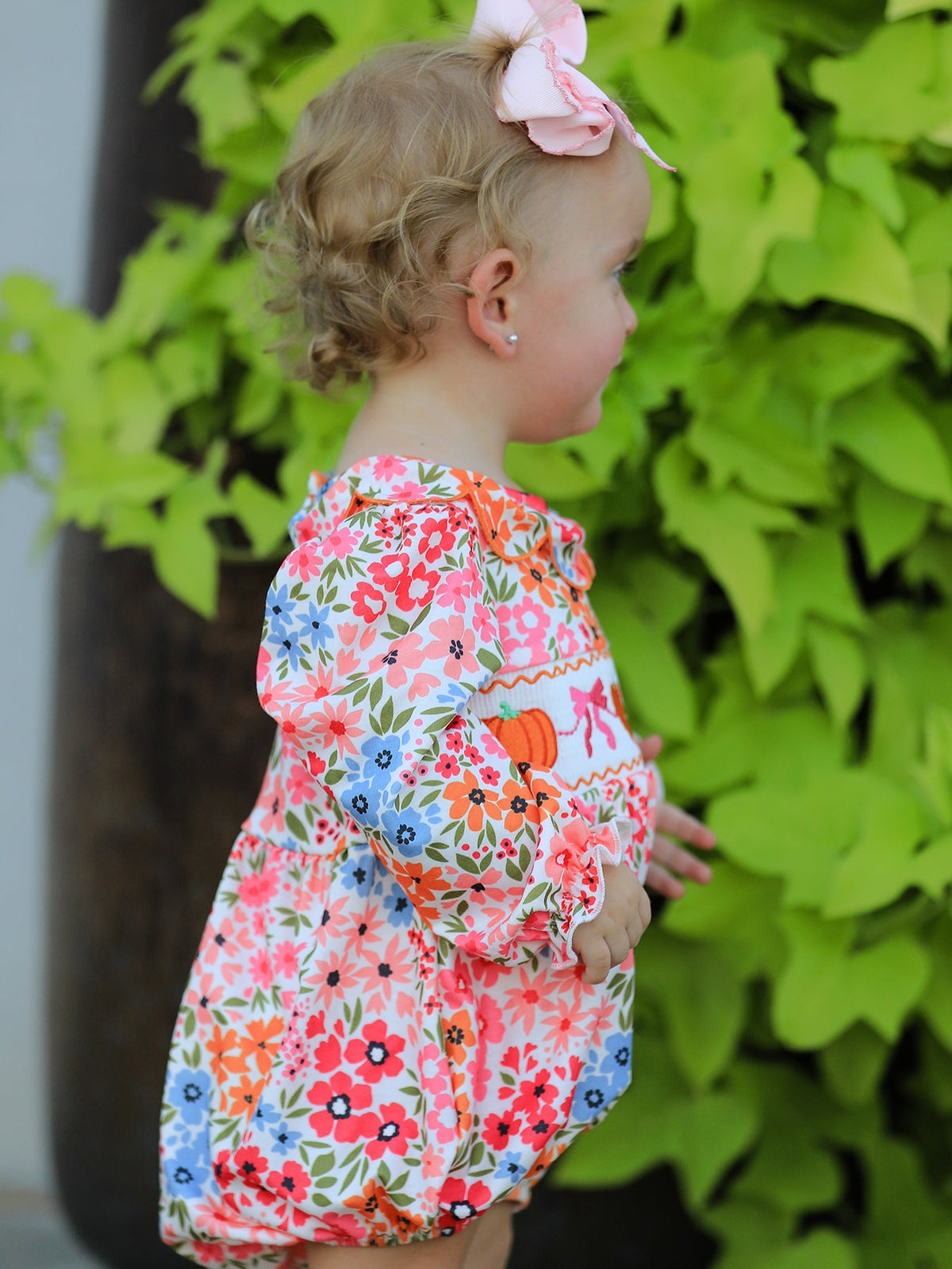 Rylee Faith Designs - Fall Halloween & Thanksgiving Pumpkin Bow Smock Embroidered Floral Baby Girl Romper - alternate view 3