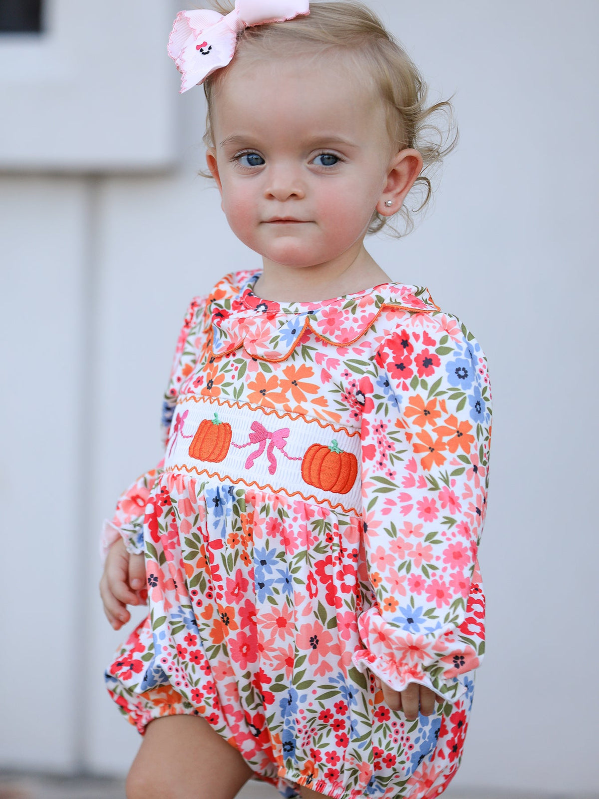 Rylee Faith Designs - Fall Halloween & Thanksgiving Pumpkin Bow Smock Embroidered Floral Baby Girl Romper - alternate view 5