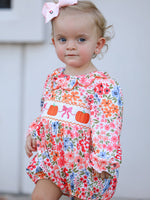 Rylee Faith Designs - Fall Halloween & Thanksgiving Pumpkin Bow Smock Embroidered Floral Baby Girl Romper - alternate view 5