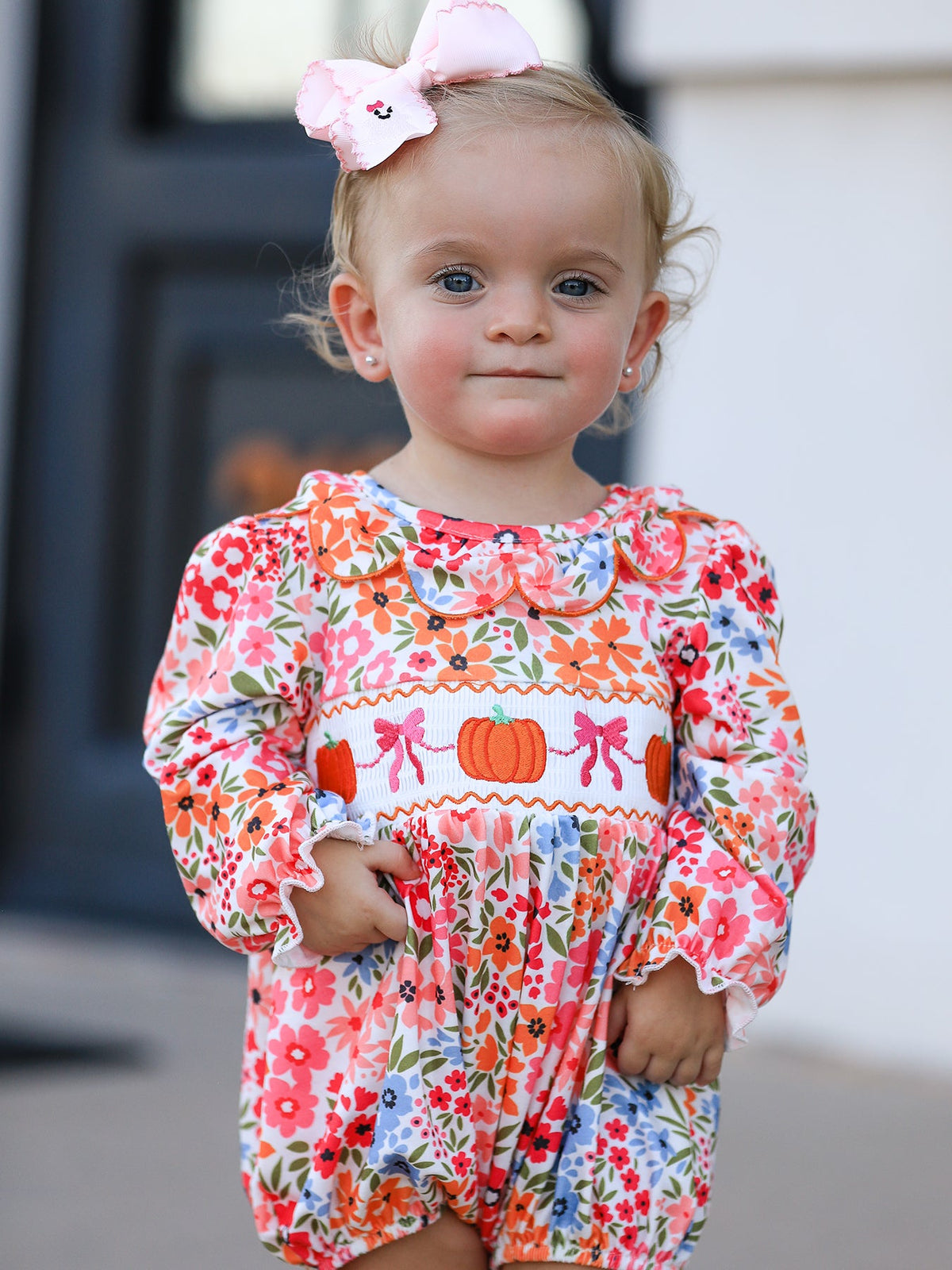 Rylee Faith Designs - Fall Halloween & Thanksgiving Pumpkin Bow Smock Embroidered Floral Baby Girl Romper